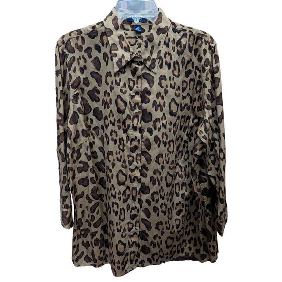 Chaps Women's 1X Brown Leopard Print Cotton Button Front Blouse - Picture 1 of 4